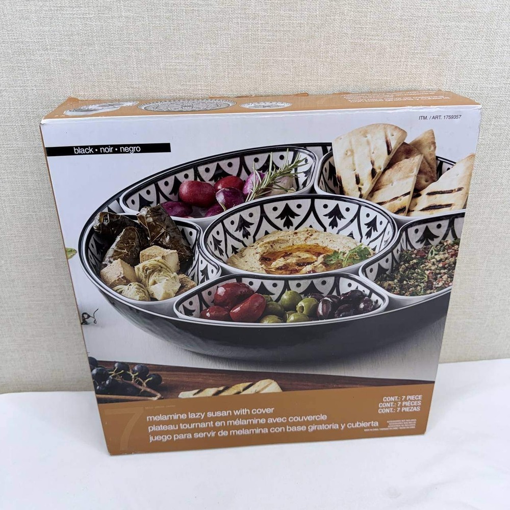 7 Piece Melamine Lazy Susan Serving Set with Cover Black White Medallion NEW